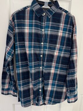 Old Navy Plaid Boyfriend Shirt Blue Pink Button Down Size M
